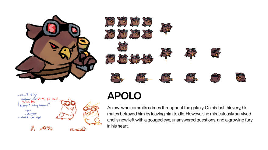 Character sheet for Apolo - He is based on a Scops Owl in the Philippines. Drawing an initial concept art in 2D allowed me to create a consistent pixelated format for the game's spritet and animations.