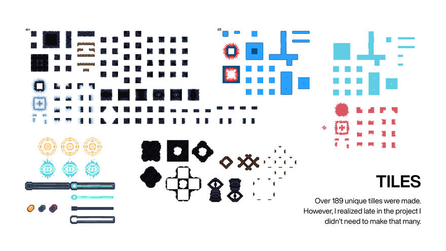 The diverse assets I made for the game, hundreds of tilesets, and some gameplay powerups and UI elements.