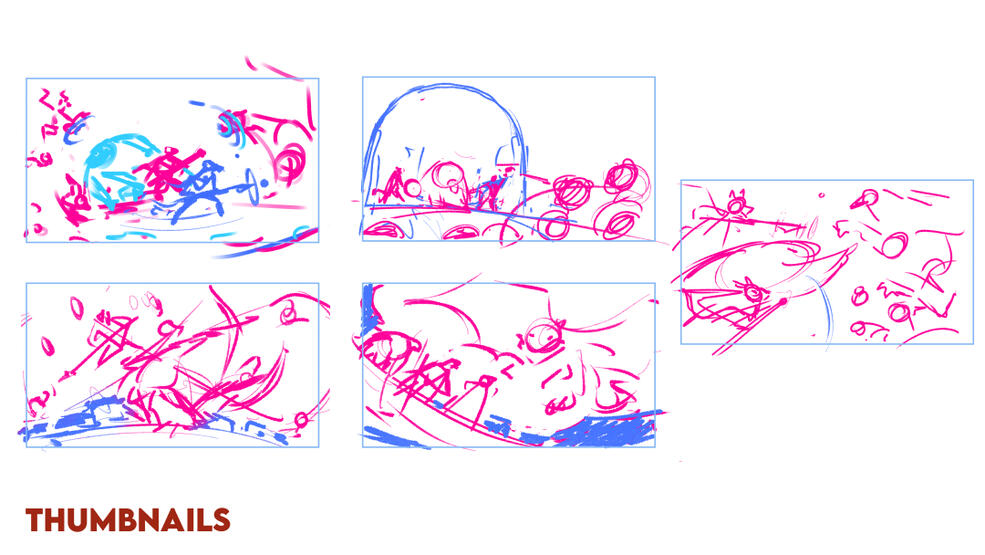 Thumbnail sketches exploring different concepts and compositions that fit the client's brief