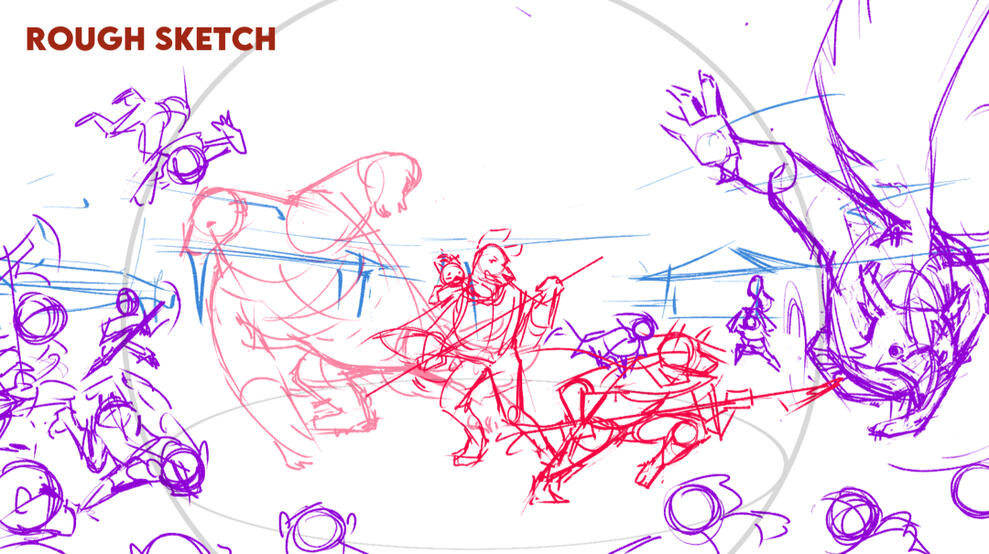 Chosen thumbnail got a rough sketch. In this phase I wanted to separate the different groups - this being the background, heroes, and villains.