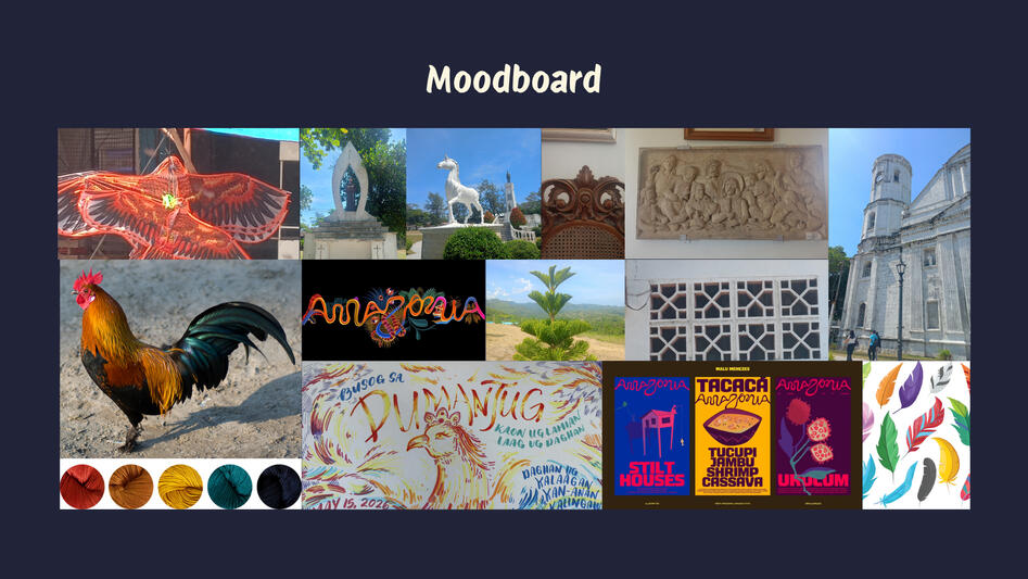 Moodboard based on photos from Dumanjug, and other elements it is associated from. Also includes the inspiration for the style - fluid feathers