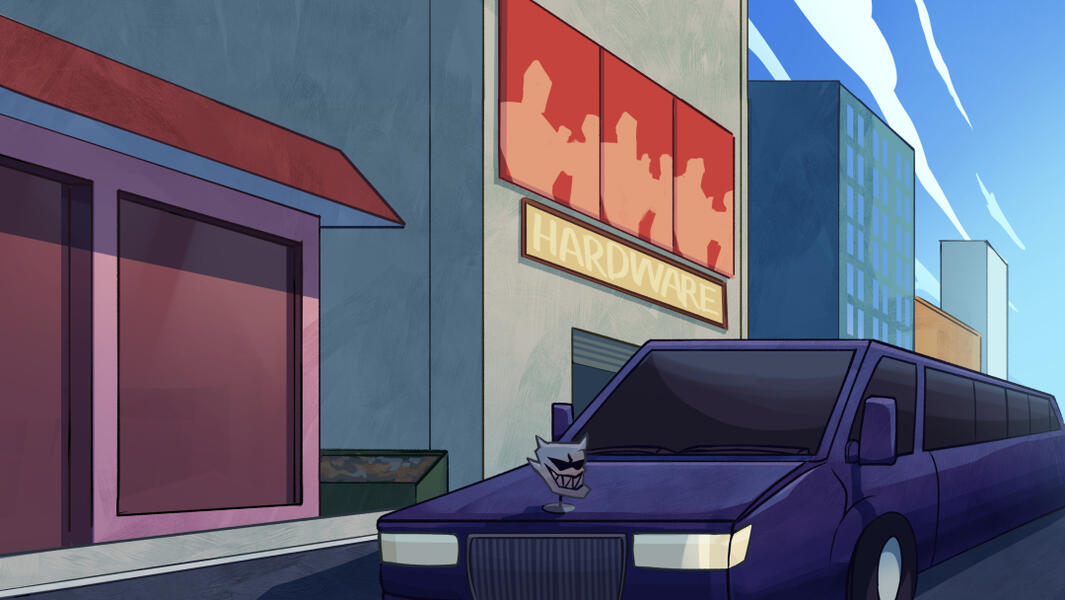 Street level shot, showcasing a limousine