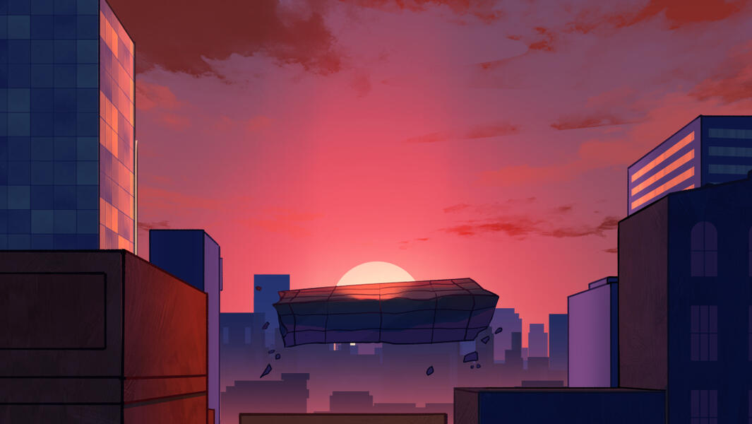The sun sets, the floating building is cast in a bloody red sky