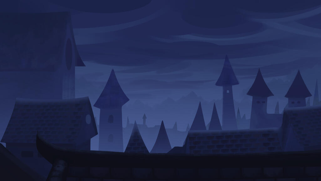 Distant shot of the town, covered in a gloomy sky