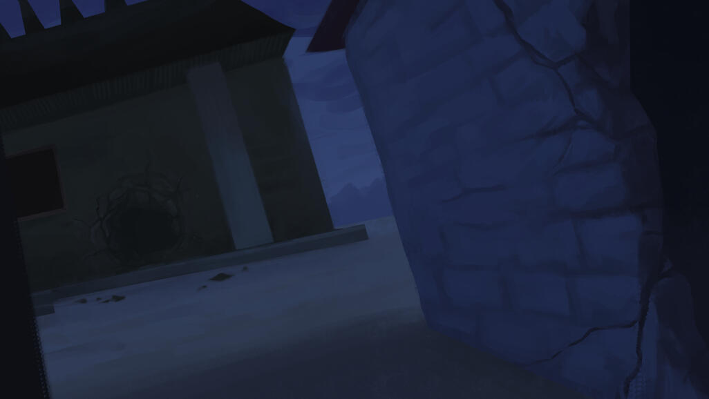 Shot through an alley way. The walls are severely damaged by impact.