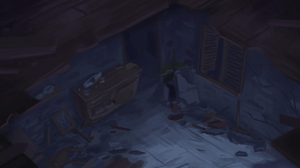 Elevated shot of an interior of a broken down home